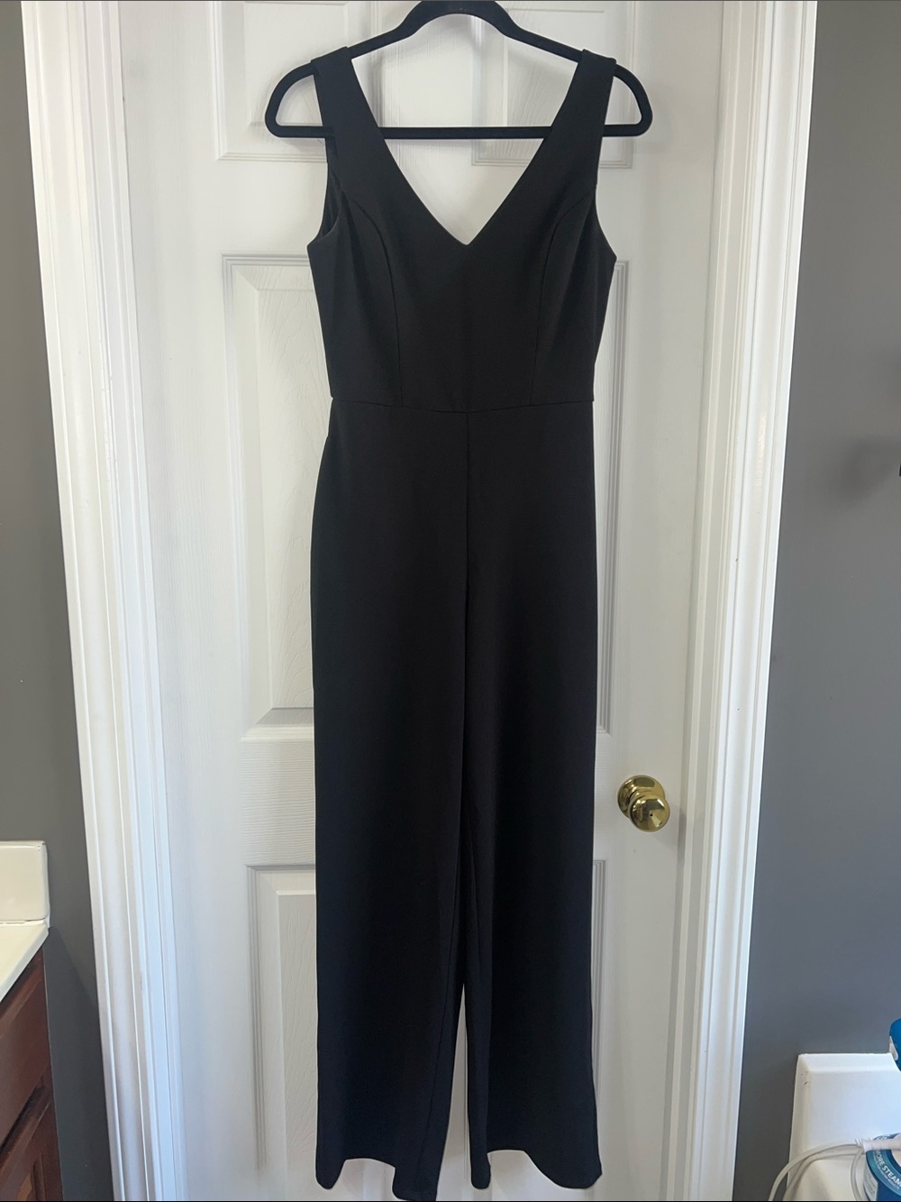 Black V-Neck Side Pockets Wide-Leg Jumpsuit Heavy Weight Flowy PP 17” Inseam 30”